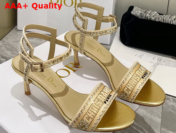 Dior Dway Heeled Sandal Gold Tone Cotton Embroidered with Metallic Thread and Strass Replica