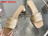 Dior Dway Heeled Slide Beige Metallic Thread Embroidered Satin Replica