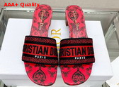 Dior Dway Heeled Slide Black and Red Cotton with Dior Bandana Embroidery Replica