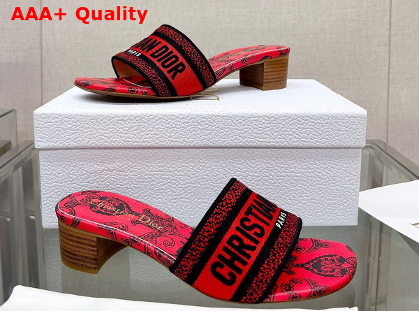 Dior Dway Heeled Slide Black and Red Cotton with Dior Bandana Embroidery Replica