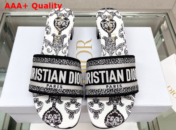 Dior Dway Heeled Slide Black and White Cotton with Dior Bandana Embroidery Replica