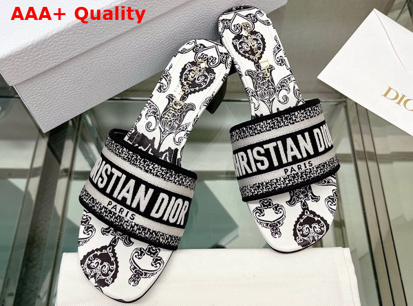 Dior Dway Heeled Slide Black and White Cotton with Dior Bandana Embroidery Replica