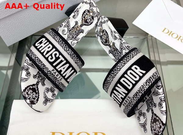 Dior Dway Heeled Slide Black and White Cotton with Dior Bandana Embroidery Replica