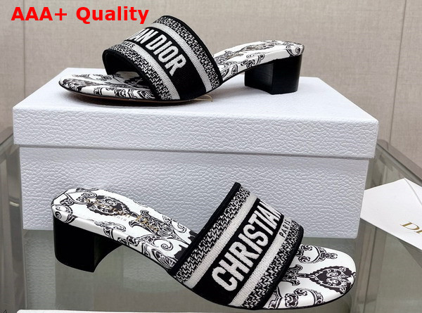 Dior Dway Heeled Slide Black and White Cotton with Dior Bandana Embroidery Replica