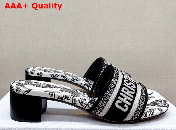 Dior Dway Heeled Slide Black and White Cotton with Dior Bandana Embroidery Replica