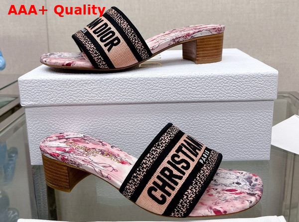 Dior Dway Heeled Slide Pink Multicolor Cotton with Dior Jardin Magique Embroidery Replica