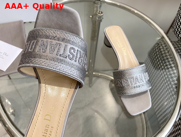 Dior Dway Heeled Slide Silver Metallic Thread Embroidered Satin Replica