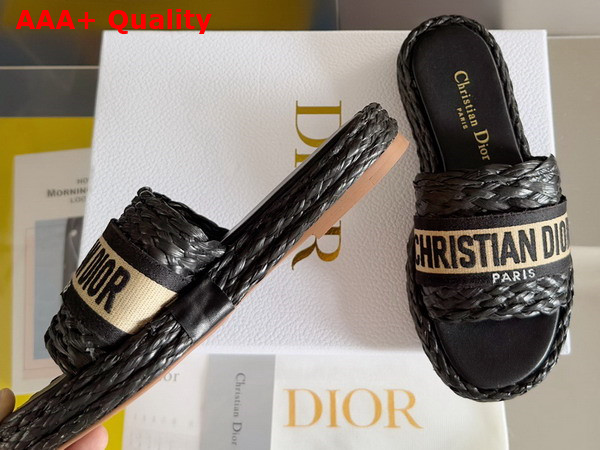 Dior Dway Slide Black Raffia and Embroidered Cotton Replica