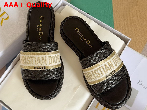 Dior Dway Slide Black Raffia and Gold Tone Embroidered Cotton Replica