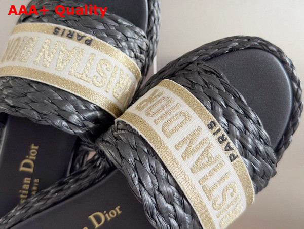 Dior Dway Slide Black Raffia and Gold Tone Embroidered Cotton Replica