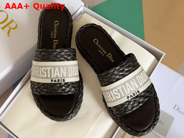 Dior Dway Slide Black Raffia and Gray Embroidered Cotton Replica