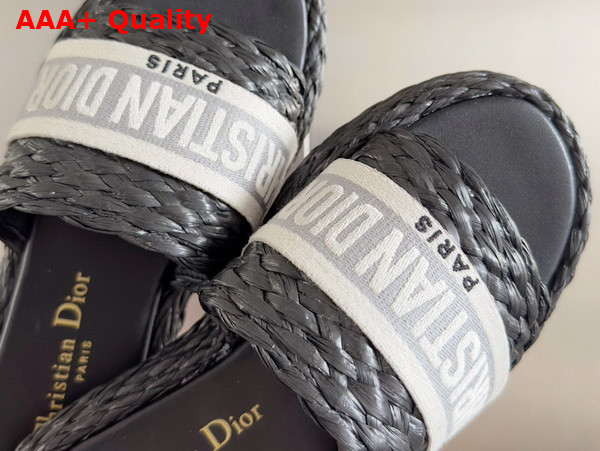 Dior Dway Slide Black Raffia and Gray Embroidered Cotton Replica