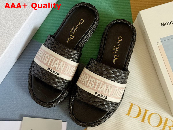 Dior Dway Slide Black Raffia and Rose Des Vents Embroidered Cotton Replica