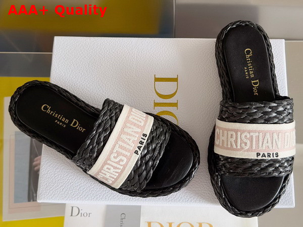 Dior Dway Slide Black Raffia and Rose Des Vents Embroidered Cotton Replica