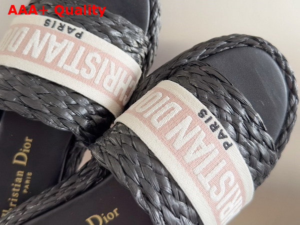 Dior Dway Slide Black Raffia and Rose Des Vents Embroidered Cotton Replica