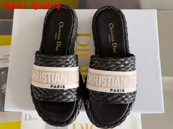 Dior Dway Slide Black Raffia and Rose Des Vents Embroidered Cotton Replica