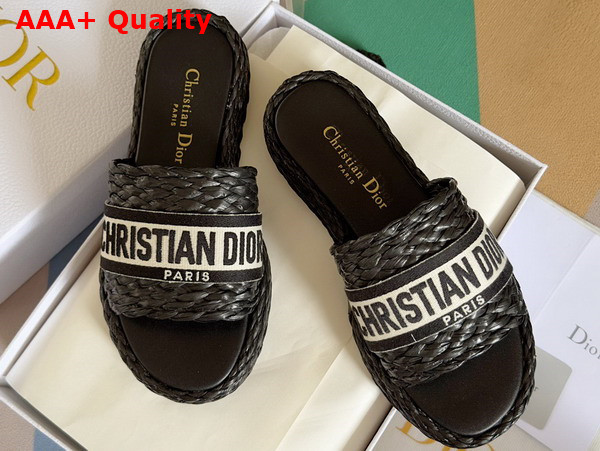 Dior Dway Slide Black Raffia and White Embroidered Cotton Replica