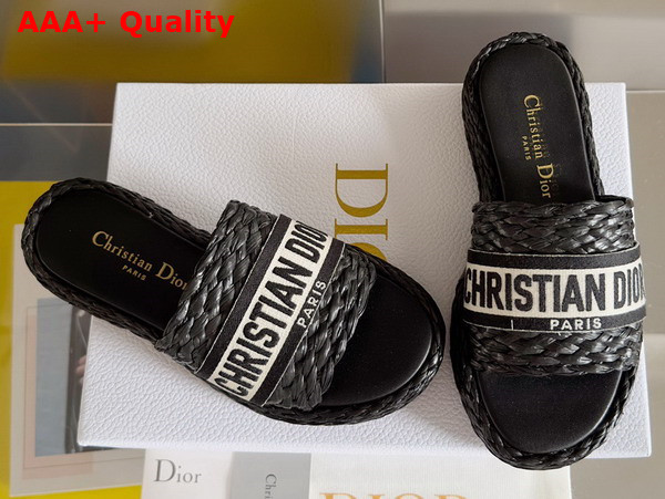 Dior Dway Slide Black Raffia and White Embroidered Cotton Replica