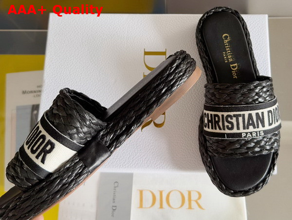 Dior Dway Slide Black Raffia and White Embroidered Cotton Replica