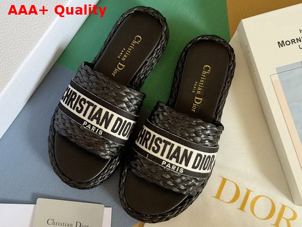 Dior Dway Slide Black Raffia and White Embroidered Cotton Replica