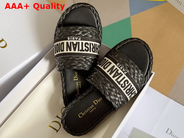 Dior Dway Slide Black Raffia and White Embroidered Cotton Replica