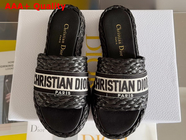 Dior Dway Slide Black Raffia and White Embroidered Cotton Replica