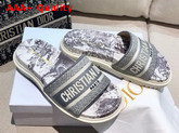 Dior Dway Slide Gray and Ecru Toile de Jouy Embroidered Cotton Replica