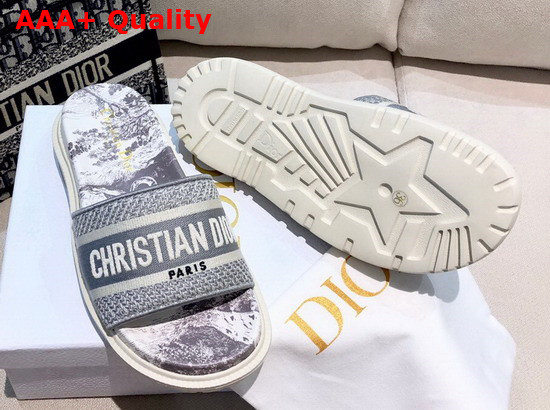 Dior Dway Slide Gray and Ecru Toile de Jouy Embroidered Cotton Replica