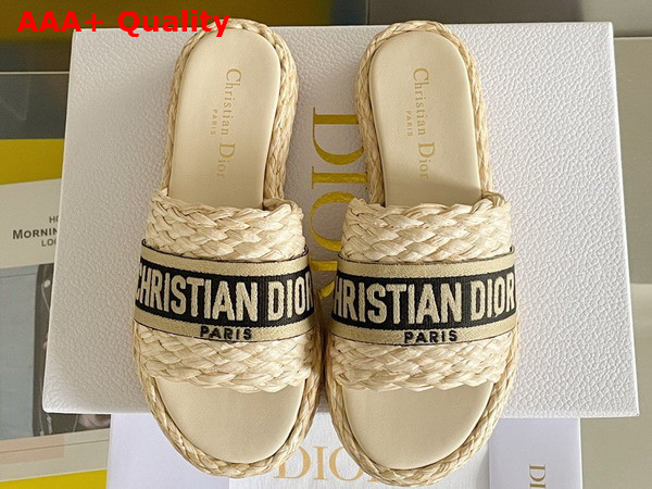 Dior Dway Slide Jute Colored Embroidered Raffia and Black Cotton Replica