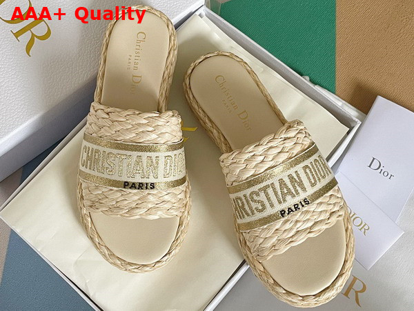 Dior Dway Slide Jute Colored Embroidered Raffia and Gold Tone Cotton Replica