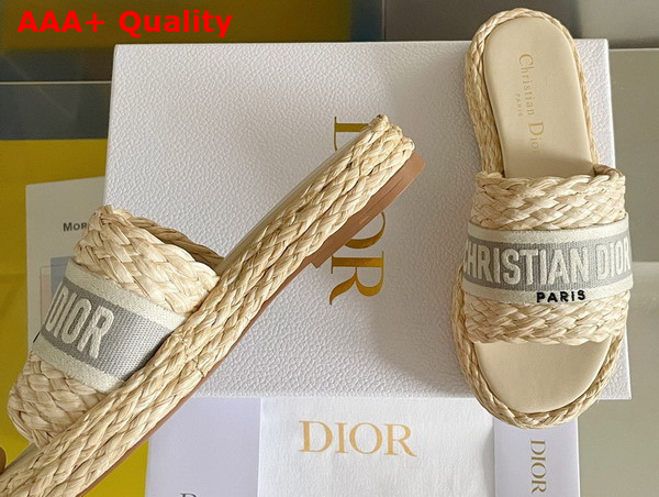 Dior Dway Slide Jute Colored Embroidered Raffia and Gray Cotton Replica