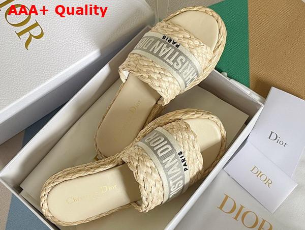 Dior Dway Slide Jute Colored Embroidered Raffia and Gray Cotton Replica