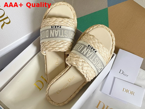 Dior Dway Slide Jute Colored Embroidered Raffia and Gray Cotton Replica