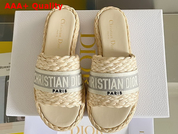 Dior Dway Slide Jute Colored Embroidered Raffia and Gray Cotton Replica