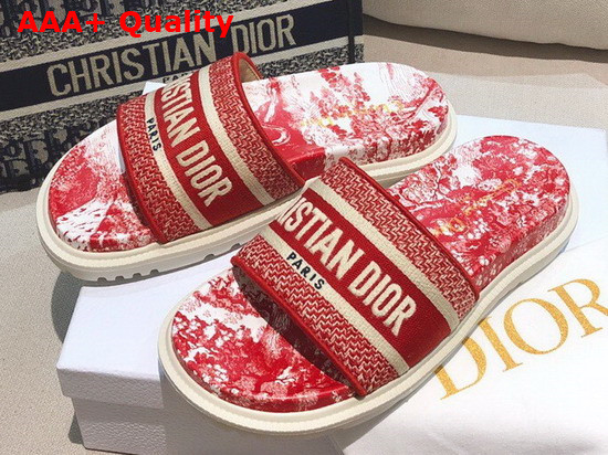 Dior Dway Slide Red Toile de Jouy Embroidered Cotton Replica