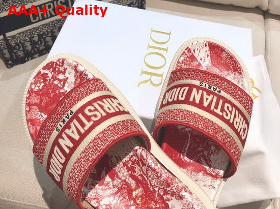 Dior Dway Slide Red Toile de Jouy Embroidered Cotton Replica