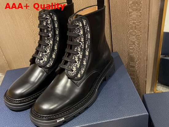 Dior Explorer II Laced Ankle Boot Black Polished Calfskin and Beige and Black dior Oblique Jacquard Replica