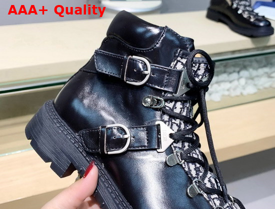 Dior Explorer II Laced and Buckled Ankle Boot Black Polished Calfskin and Beige and Black dior Oblique Jacquard Replica