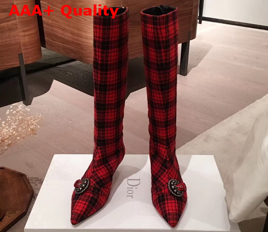 Dior Gang Boot in Tartan Fabric Black and Red Replica