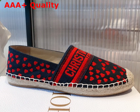 Dior Granville Espadrille Navy Blue and Red Hearts I Love Paris Embroidered Cotton Replica