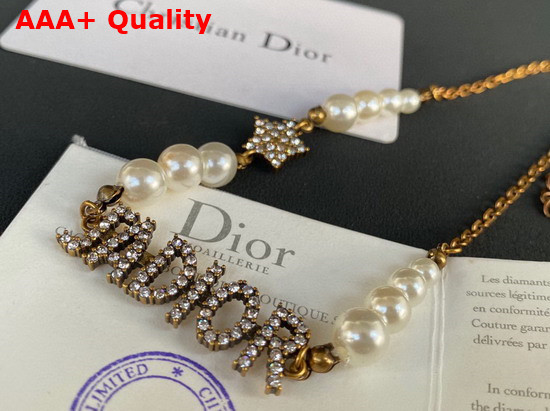 Dior J Adior Choker Necklace Antique Gold Finish Metal White Resin Pearls and White Crystals Replica