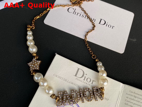 Dior J Adior Choker Necklace Antique Gold Finish Metal White Resin Pearls and White Crystals Replica