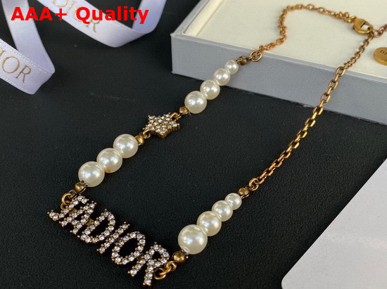 Dior J Adior Choker Necklace Antique Gold Finish Metal White Resin Pearls and White Crystals Replica