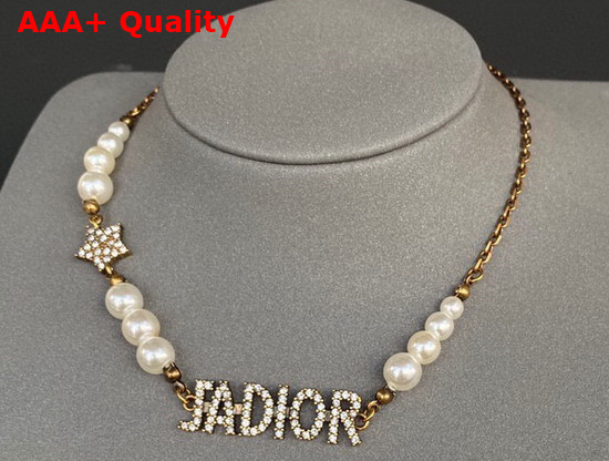 Dior J Adior Choker Necklace Antique Gold Finish Metal White Resin Pearls and White Crystals Replica