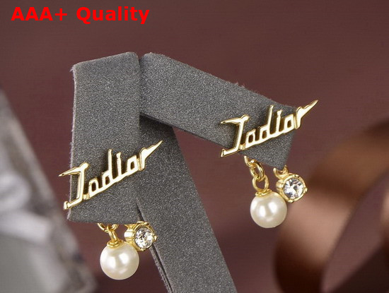 Dior J Adior Earrings Gold Finish Metal and White Resin Pearls with White Crystals Replica