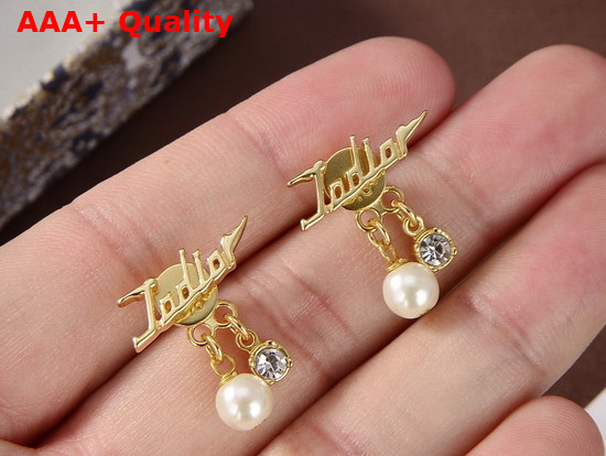 Dior J Adior Earrings Gold Finish Metal and White Resin Pearls with White Crystals Replica