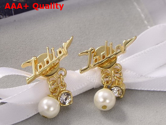 Dior J Adior Earrings Gold Finish Metal and White Resin Pearls with White Crystals Replica