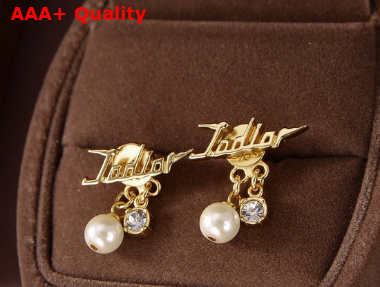 Dior J Adior Earrings Gold Finish Metal and White Resin Pearls with White Crystals Replica