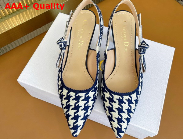 Dior J adior Slingback Pump Blue and White Cotton Embroidery with Micro Houndstooth Motif Replica