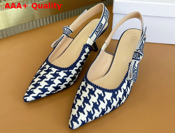 Dior J adior Slingback Pump Blue and White Cotton Embroidery with Micro Houndstooth Motif Replica